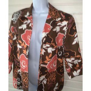 Bob Mackie Studio Sz 8 Floral Open Blazer Jacket Lined Pockets Brown Salmon EUC